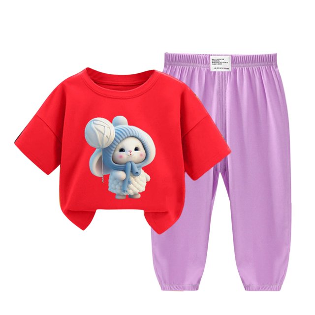 Odeerbi 2-12 Años Niño Niña Conjunto de Verano Camiseta de Manga Corta de Algodón Ice Silk Pantalón de Chándal Conjunto de Dos Piezas de Ropa Interior Estampada