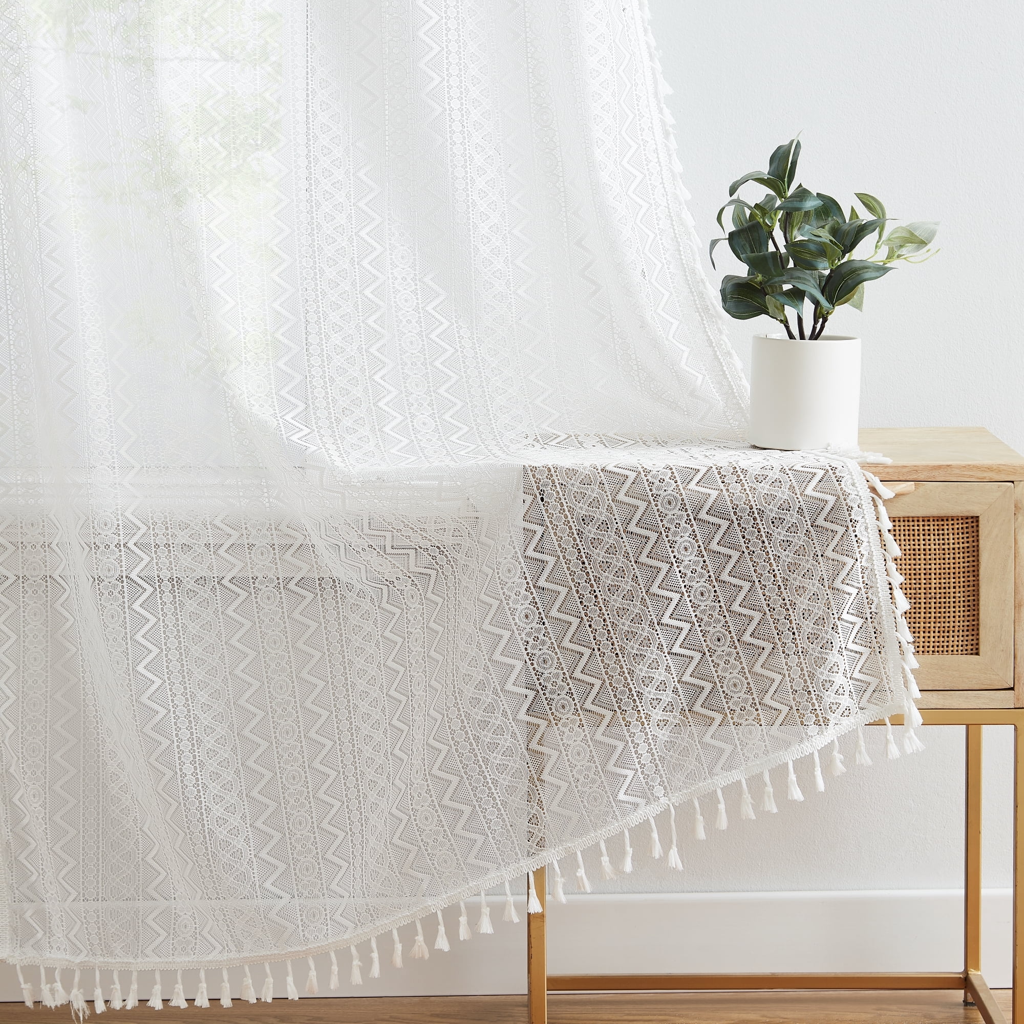 Bohogeo White Linen Textured Tassel Sheer Lace Curtain Panels, Chic Crochet Geometry Knitting Rod Pocket Farmhouse Window Curtain Drapes for Living Room/Bedroom, 2 Panels, 63" L x 40" W