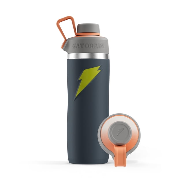 botella de agua gatorade 'overtime' de acero inoxidable 650 ml gris/amarillo neón con aislamiento de doble pared y carcasa exterior TPE; vista frontal cilíndrica con logo de rayo, tapa giratoria naranja con asa y sello de rosca, espacio para escribir nombre; adecuada para llevar bebidas frías en salidas deportivas.