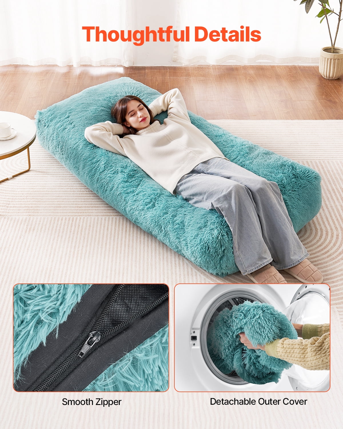 VEVOR Bean Bag Chair, Giant BeanBag Chair with Removable & Washable Cover for Adults, Fluffy Plush & High-Density Foam Filling Floor Adult Bean Bag with Zapper, Ideal for Living Room, Bedroom, Blue