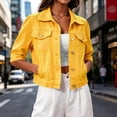 thumbnail image 4 of FDGIU Women's Lapel Button Down Cropped Denim Jacket, Three Quarter Sleeve Solid Jean Coat with Chest Flap Pockets for Spring Summer Casual Daily Layering, 4 of 7