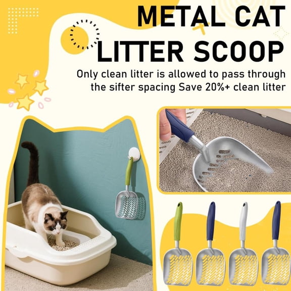 Metal Cat Litter Scoop, Cat Scooper for Litter Box, 5X4 in Slotted Head, 11 in Handle, Cat Waste Sifting, deep Navy Grip, Large Capacity, 1 Pc