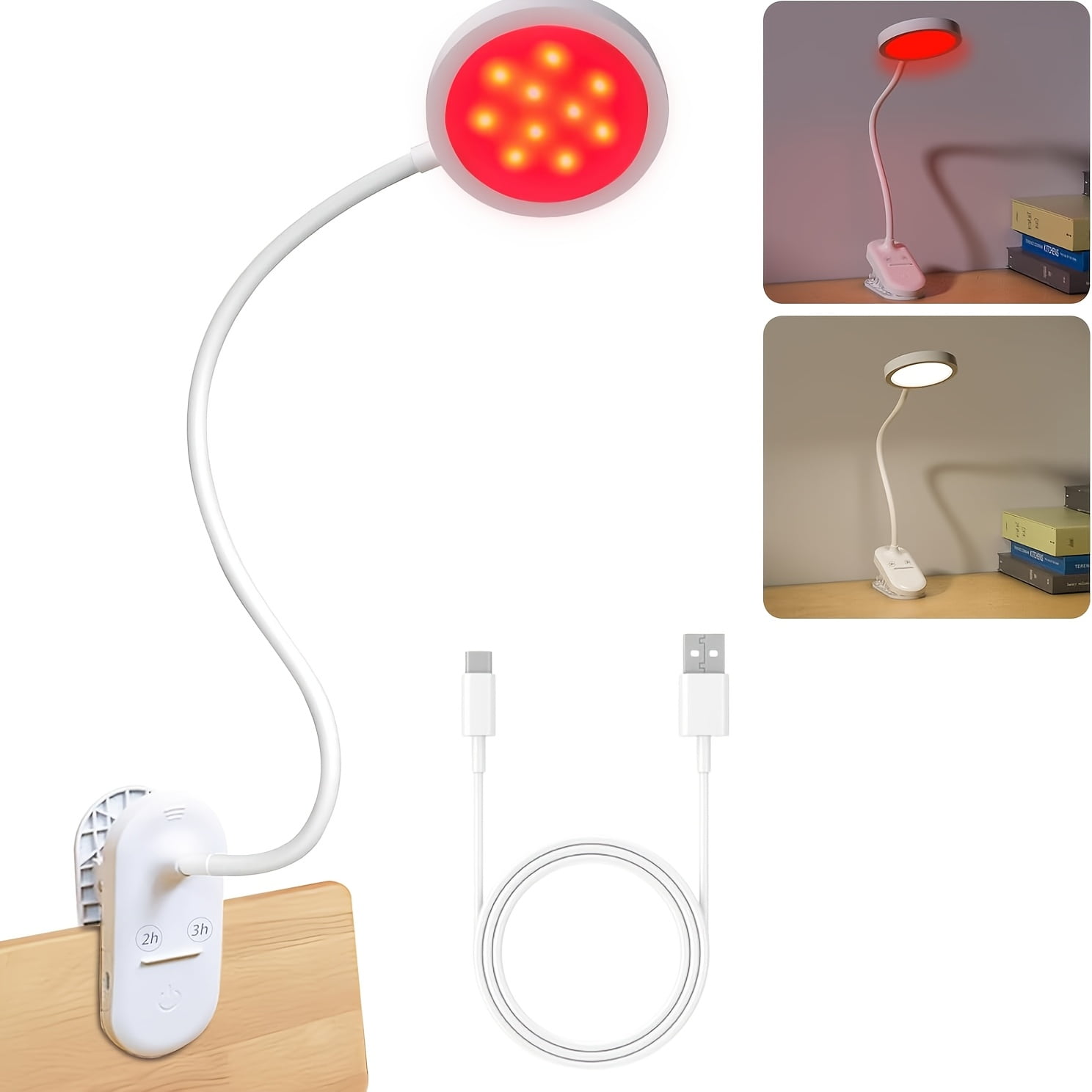 Red Light Therapy Lamp - Two-Mode Clip Desk Light, Red & Warm LED Mood Light with Flexible Gooseneck, Dimmable Bedside Reading Lamp for Travel/Meditation/Yoga/Reading (White)