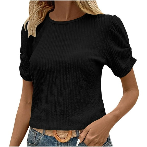 MIUOWANP Womens Short Sleeves Blouse Women's New Round Neck Short Sleeve Solid Color Casual Top Black M