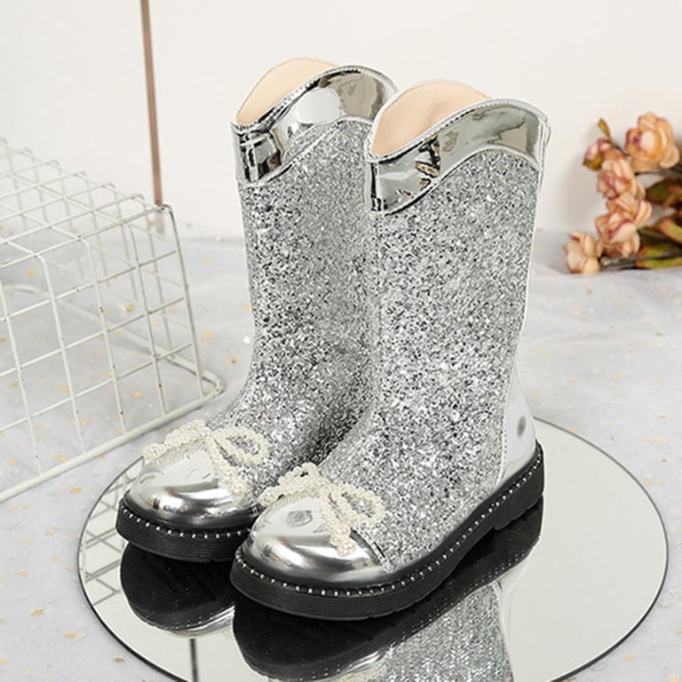 silver fancy dress boots vokkrv Girls Sequins Glitter Boot, Bowknot Round Toe Knee High Boots Sequined Cowgirl Cowboy Boot Wide Calf Long Booties Wedding Party Shoes Fancy
