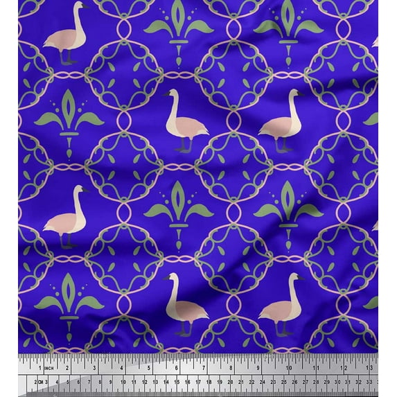 Soimoi Blue Poly Georgette Fabric Swan & Moroccan Damask Printed Fabric 1 Yard 42 Inch Wide