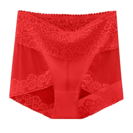 Virmaxy Womens High Waist Sharping Underwear Panties Solid Color Underwear High Waisted Lace Tight And Breathable Underwear Panties Red-B L