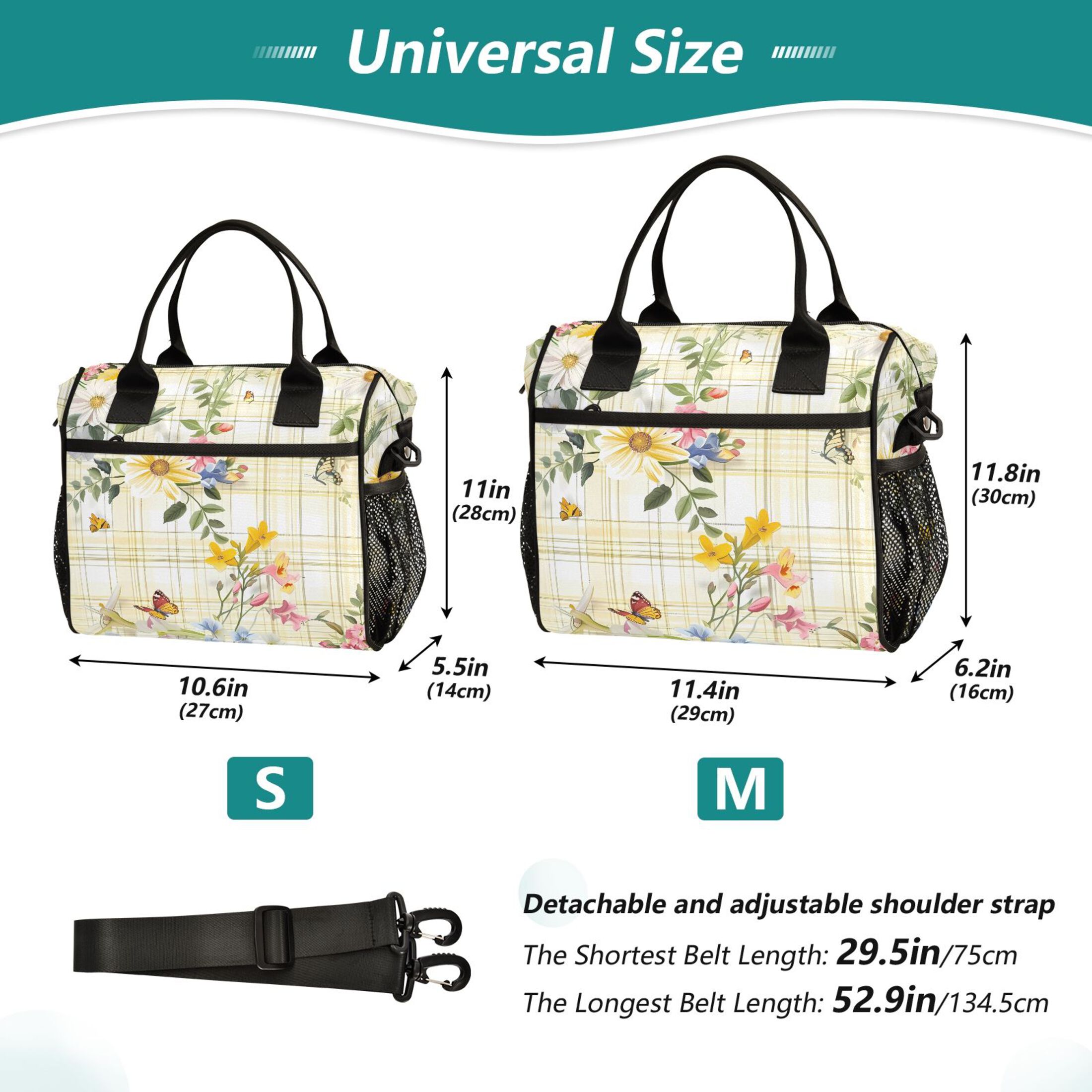 Lunch Bag Insulated Lunch Box Leakproof Reusable Cooler Tote Adjustable Shoulder Strap for Men Women Flowers and Butterflies on Plaid 12L