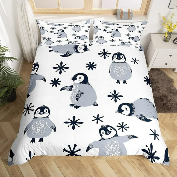 Housse de Couette Pingouins Kawaii pour Enfants Garçons Filles, Housse de Couette Dessin Animé Jour de Neige d'Hiver, Ensemble de Literie Animaux de Noël Flocon de Neige Super Doux Taille Complète