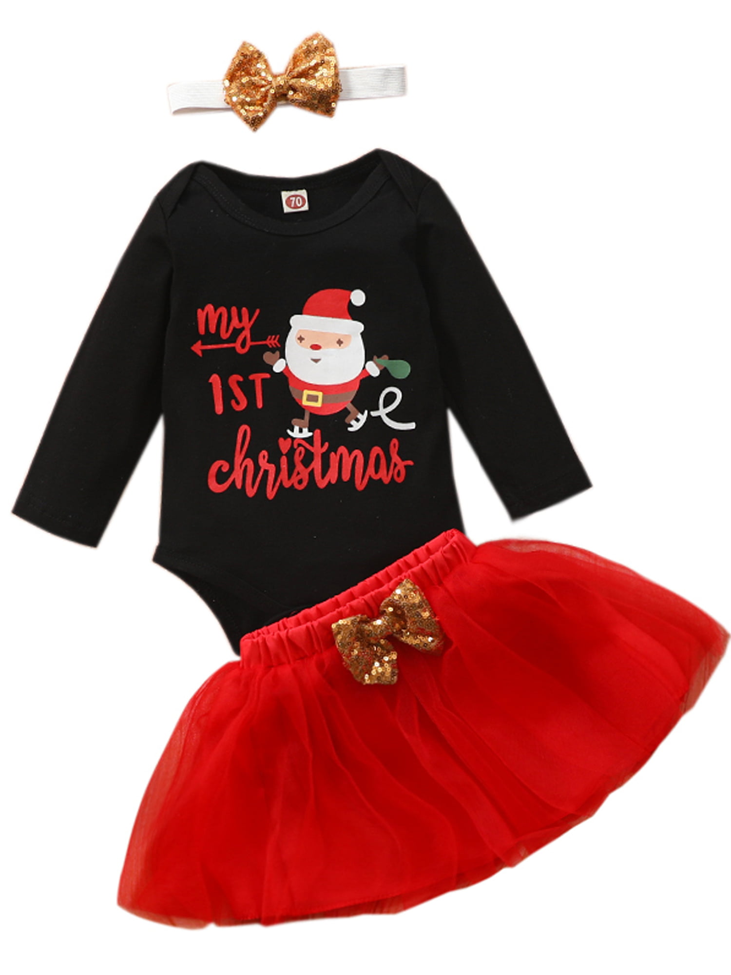 Christmas Newborn Clothes Infant Baby Girls My 1st Christmas Romper Dot Tutu Skirt Bow Sequins 3Pcs Outfits Set