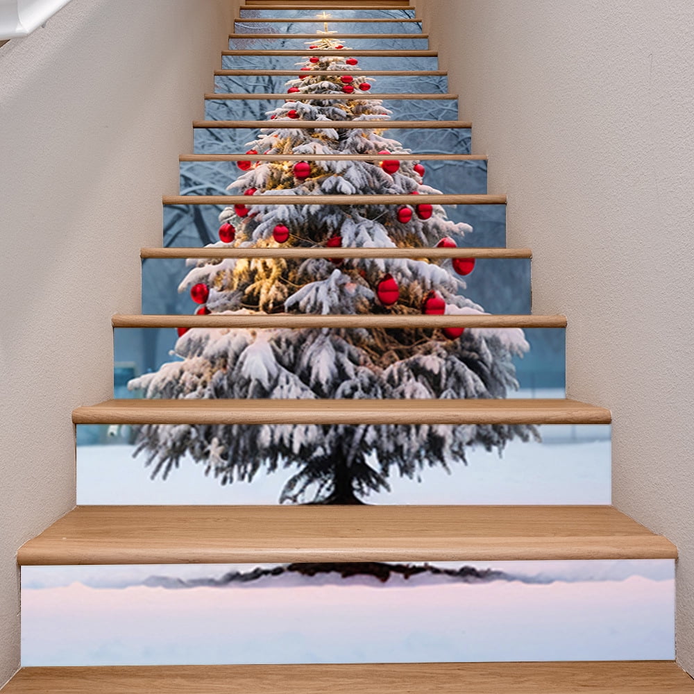Self-Adhesive Stair Decals, Christmas Decoration Stair Stickers Decals Peel and Stick Vinyl Stair Risers Stickers for Steps, Xmas Tree DIY Home Decorations, 39.4'' W X 7.1'' H