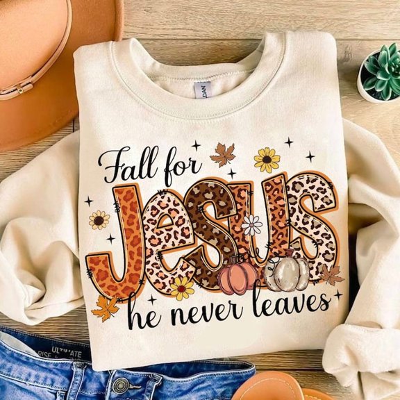 Fall For Jesus Christian Sweater, Bible Verse Autumn Shirt, Pumpkin Thanksgiving Faith Top, Leopard Print Fall Christian Tee
