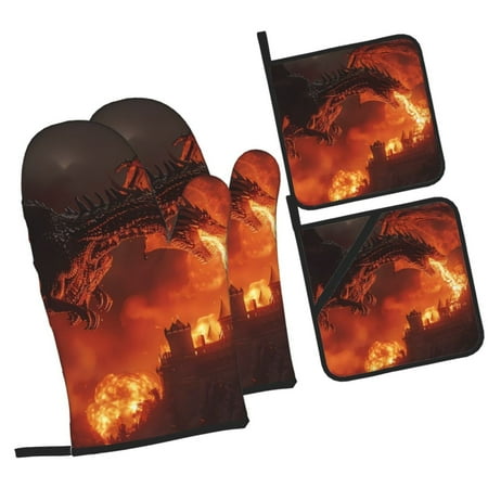 

Sikiie Fiery Dragons Castle Attack Oven Mitts and Pot Holders Silicone Oven Gloves Heat Resistant Oven Mitts 4Pcs Set