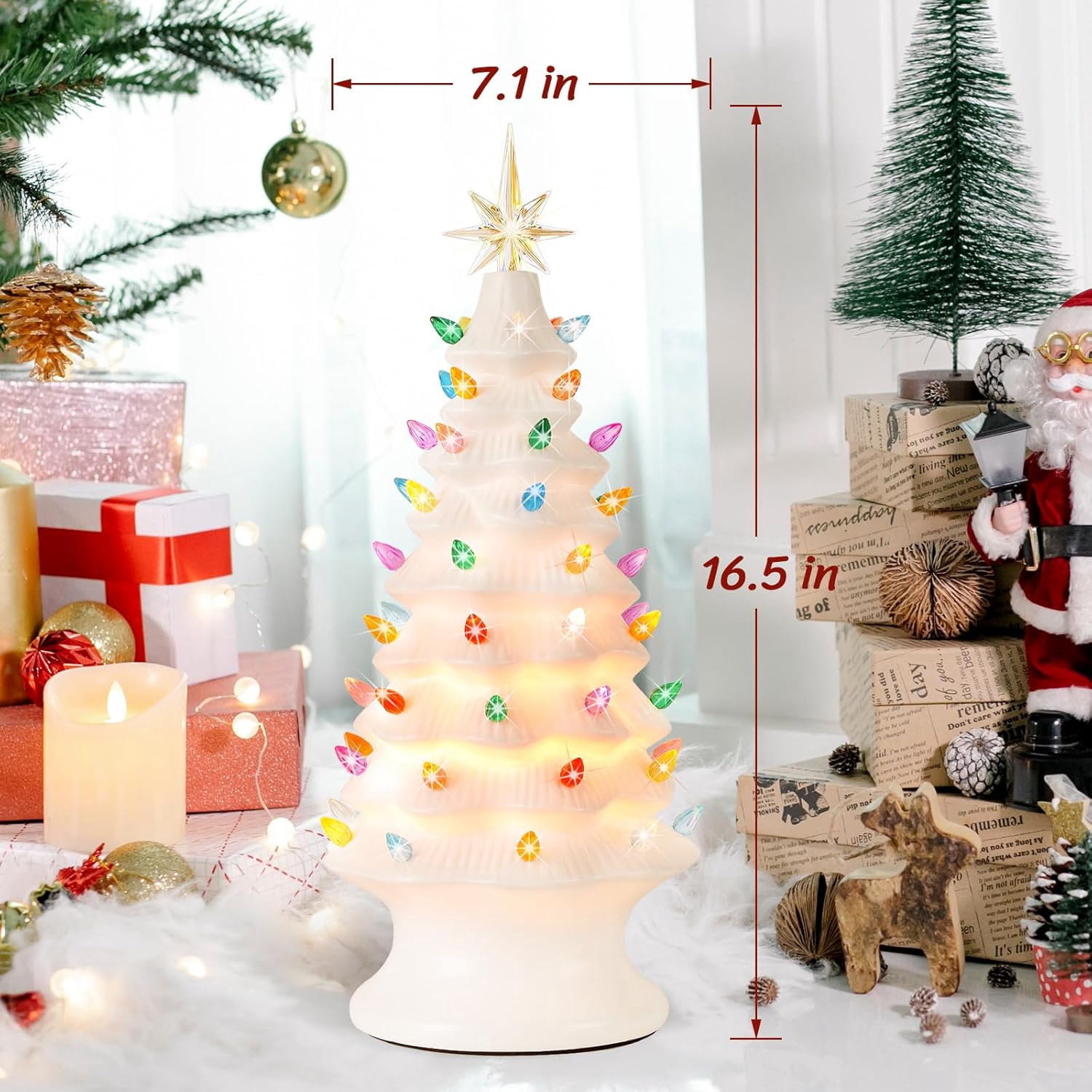 Nordic Hygge 2024 Newest 16.5" Hand Painted Resin Christmas Tree with Lights, Pre-lit Xmas Tree Decor Lighted Tabletop Decoration with Multicolored LED Bulbs, White