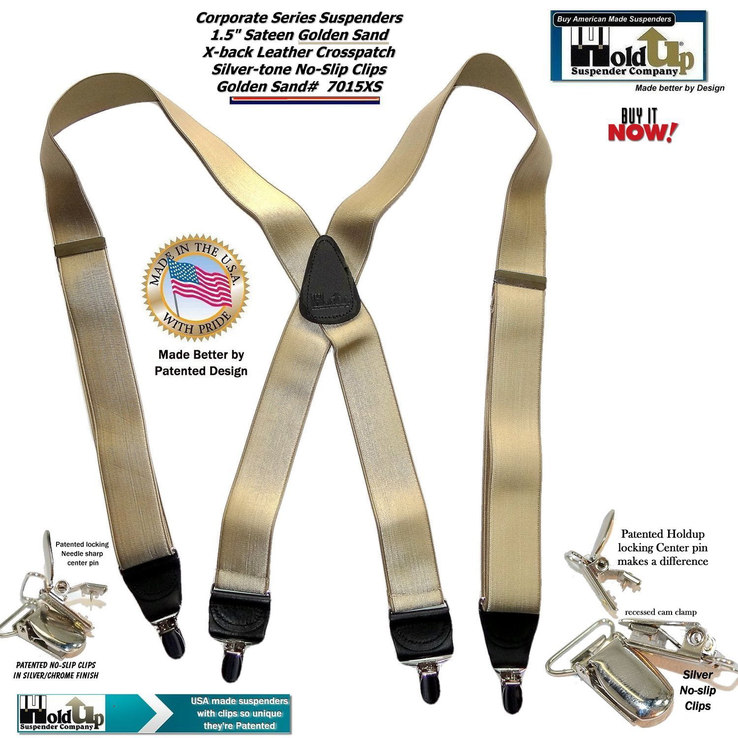 Holdup Suspender Brand Champagne GoldenTan narrow 1 Formal Series Suspenders with X-back crosspatch and patented Gold-tone no-slip Clips 