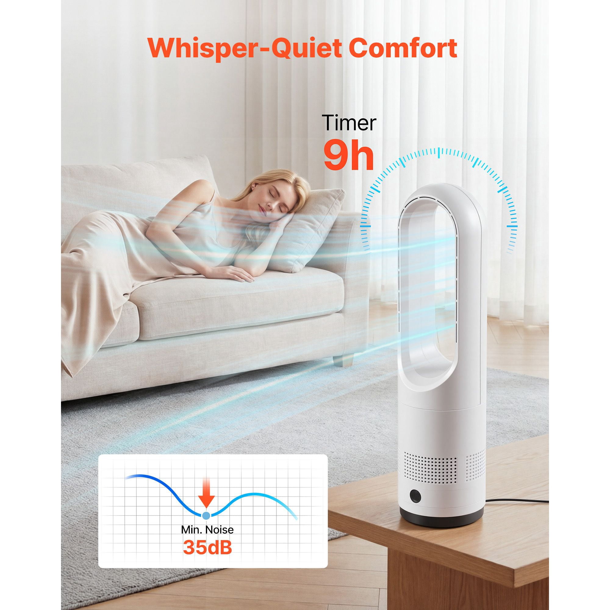 Tower Fan Bladeless 35dB 80° Oscillation 8 Speeds Sleep Mode with Remote for Bedroom Living Room