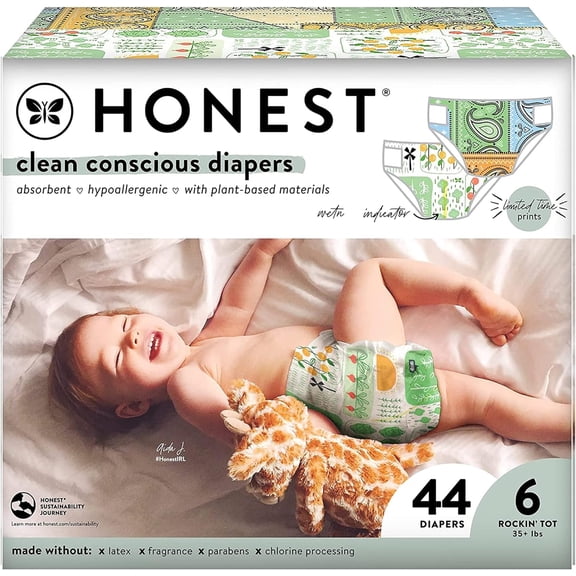 The Honest Company Clean Conscious Diapers , Plant-Based, Sustainable , Color Me Paisley Grow Together , Club Box, Size 6 (35 lbs), 44 Count