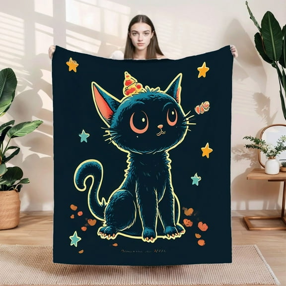 Cozy Flannel Blanket with Whimsical Black Cat Design Perfect for Sofa Travel Bed and Chair - Soft Warm and Durable