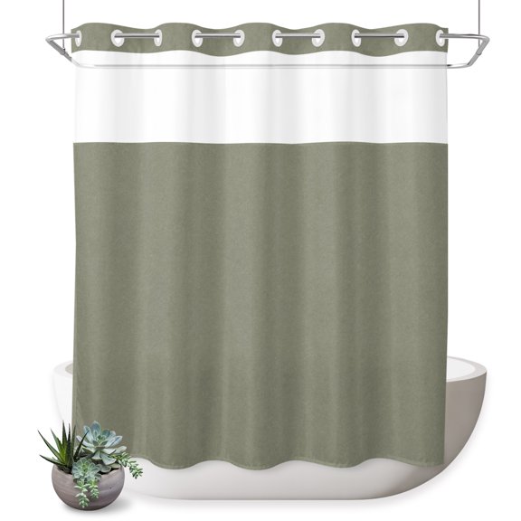 No Hook Shower Curtain, Green Solid Color Shower Curtains for Bathroom with See Through Top Window, Modern Minimalist Pure Color Waterproof & Washable Bath Curtain Long 72"x78"