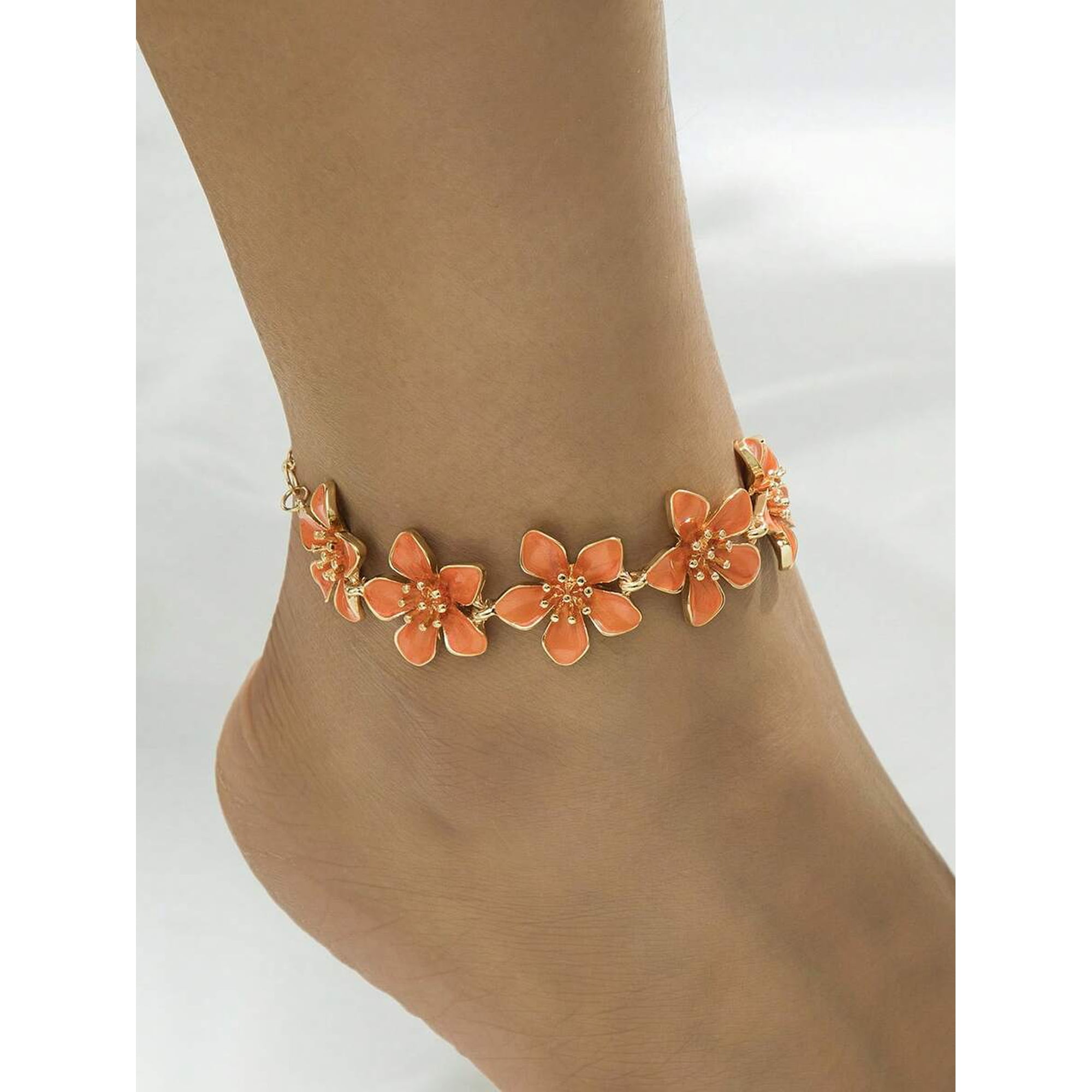 Orange Floral Charm Anklet With Goldtone Metal And Enamel Petals