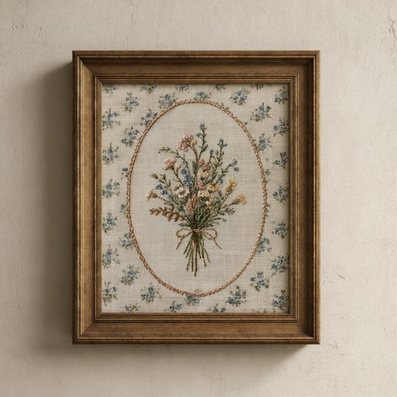 Wildflower Bouquet Wall Art Print, Antique Textile Inspired Botanical Decor