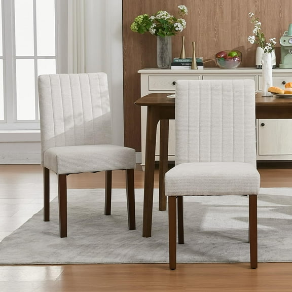 Soonbuy Upholstered Dining Chairs Set of 2, Modern Fabric Kitchen Side Chairs with Sturdy Wood Legs, Parsons Design, Comfortable Soft Linen for Dining Room Restaurant Cafe, Beige/Gray-Vertical Stripes