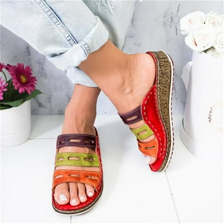 

Women s three-color stitching sandals open-toe beach travel color-blocking slippers thick sole wedge heel slip-on