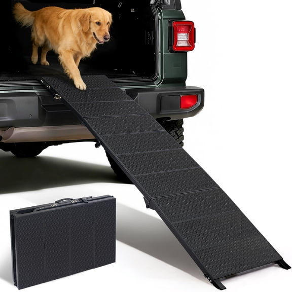 71" Extra Long Dog Ramp for Large Dogs, Heavy Duty Metal Frame Pet Ramp for High SUVs, Trucks and Cars, Portable Folding Travel Dog Ramps with Safety Latch, Supports up to 350lbs