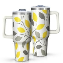 OBREWU Yellow and Gray Leaves Modern Art Tumbler with Handle and Lid,Yellow and Gray Leaves Modern Art 40oz Double Wall Vacuum Insulated Tumbler,Cups Gift for Women and Men