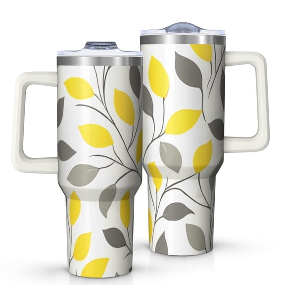 OBREWU Yellow and Gray Leaves Modern Art Tumbler with Handle and Lid,Yellow and Gray Leaves Modern Art 40oz Double Wall Vacuum Insulated Tumbler,Cups Gift for Women and Men