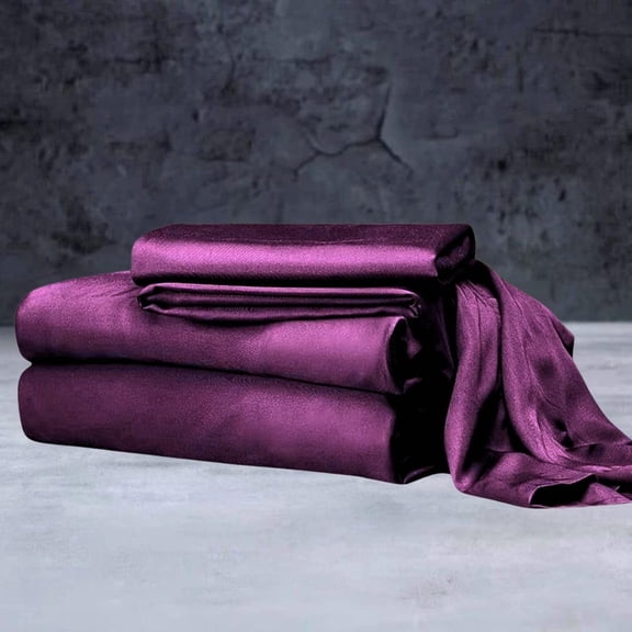 Mulberry Silk Satin Sheet Set - 4 Pc (1 Flat Sheet, 1 Fitted Sheet, 2 Pillowcases) - Smooth Bedding for Queen/King Bed - Wrinkle-Resistant, 15" Deep Pockets, Breathable & Cooling.(Grape,FULL)