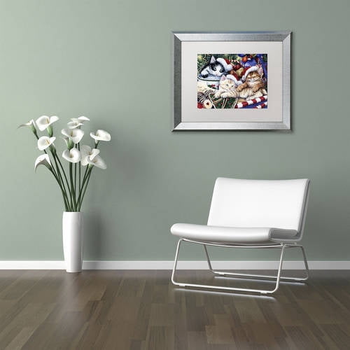 Trademark Fine Art 'Meowy Christmas 2' Canvas Art by Jenny Newland, White Matte, Silver Frame