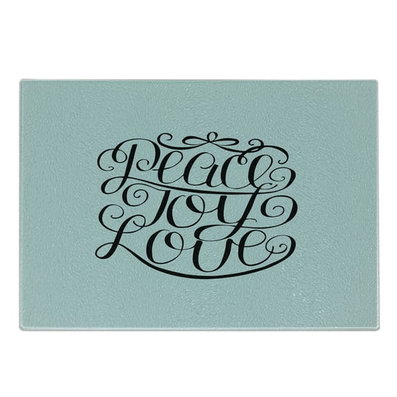 Joy Cutting Board, Hand Lettering Pattern Peace Joy Love Words Pillars of Western, Decorative Tempered Glass Cutting and Serving Board, Small Size, Turquoise and Black, by Ambesonne