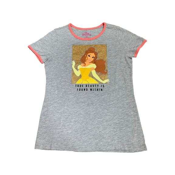 Disney Princess Belle Girls Gray & Gold Glitter Short Sleeve T-Shirt L 12