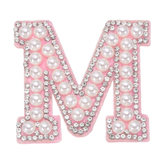 Uxcell Iron on Pearl Letter M Patches, Pearl Rhinestone A-Z Alphabet Self Adhesive Sew on Patches, Glitter Letter Applique for Clothes Fabric DIY Backpack, Pink