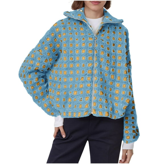 RYRJJ Womens Checkered Sherpa Jacket Cropped Long Sleeve Stand Collar Plaid Fleece Coats Warm Casual Zip Up Outwear with Pockets(Blue,S)