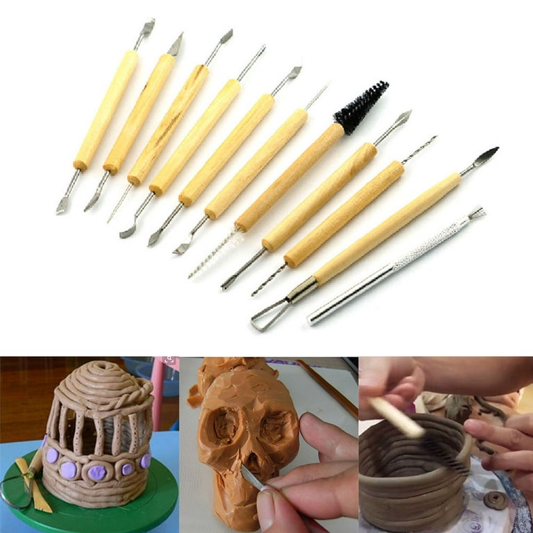Elinka Pottery Tools,19 Pcs Ceramic Pottery Clay Ribbon Sculpting Tool Kit Wooden Handle with Plastic Case, for Beginners and