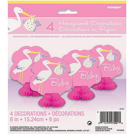 Pink Stork Baby Shower Mini Honeycomb Decorations 4pk