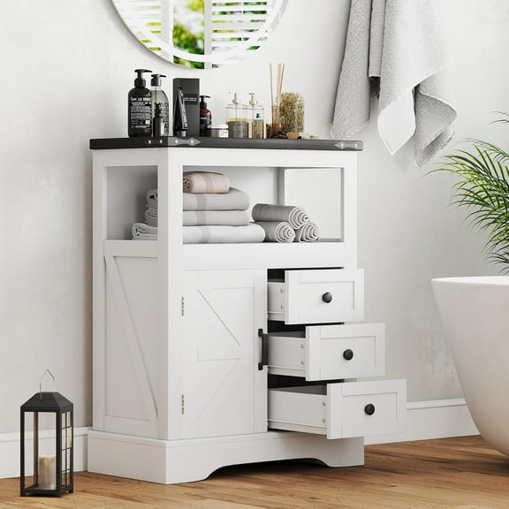 Real Relax Farmhouse Bathroom Storage Cabinet with 3 Drawers, Open Storage Spaces, Magnetic Door and Adjustable Shelves, Freestanding Floor Cabinet for Living Room/Bathroom/Entrance White