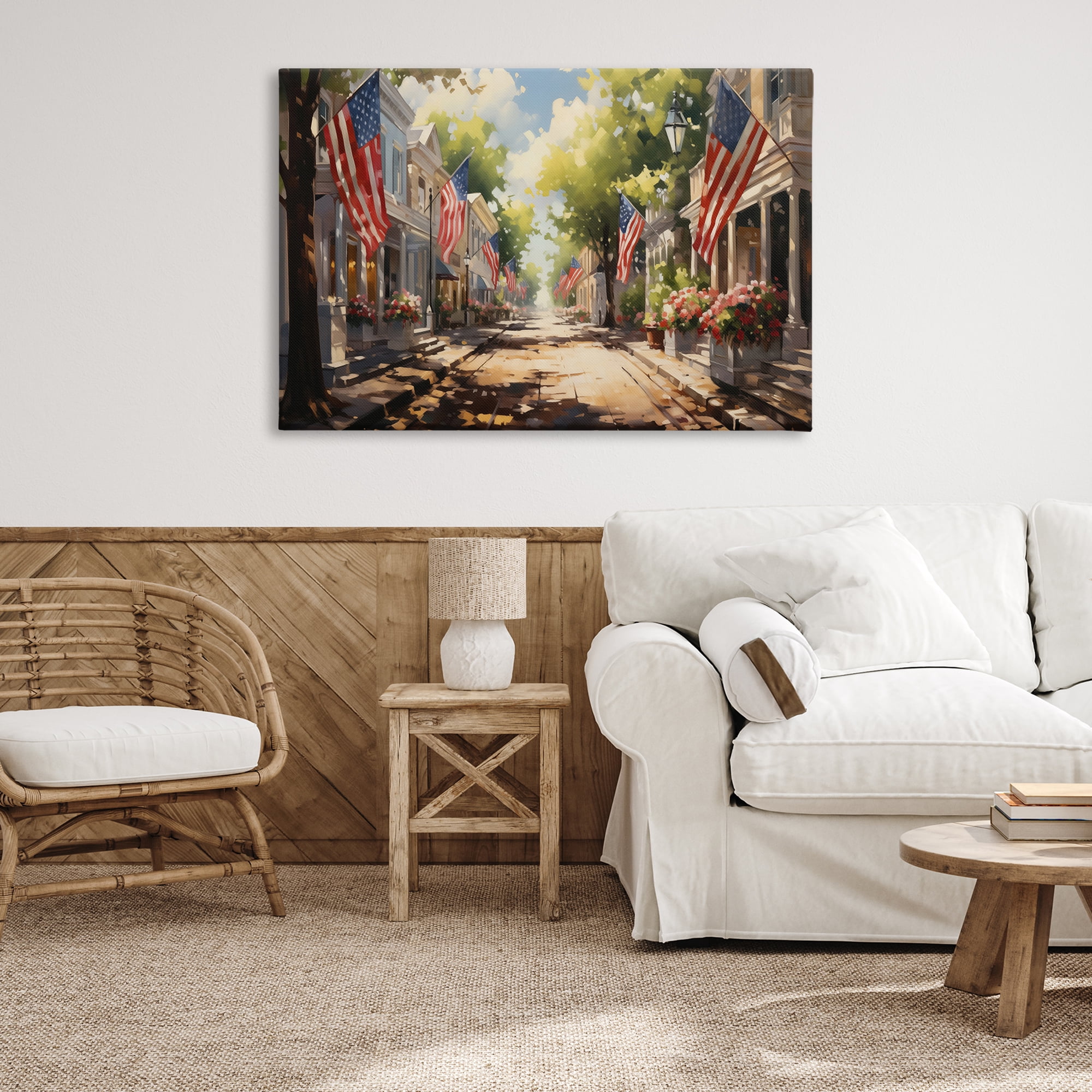 Stupell Industries American Flag Lined Street Scenic & Cityscapes Painting Wrapped Canvas Art Print Wall Art, 45 x 30