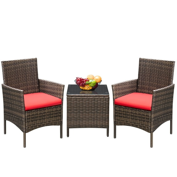 Devoko 3 Pieces Patio Convercation Set PE Rattan Wicker Chairs with Coffee Table, Brown/Red