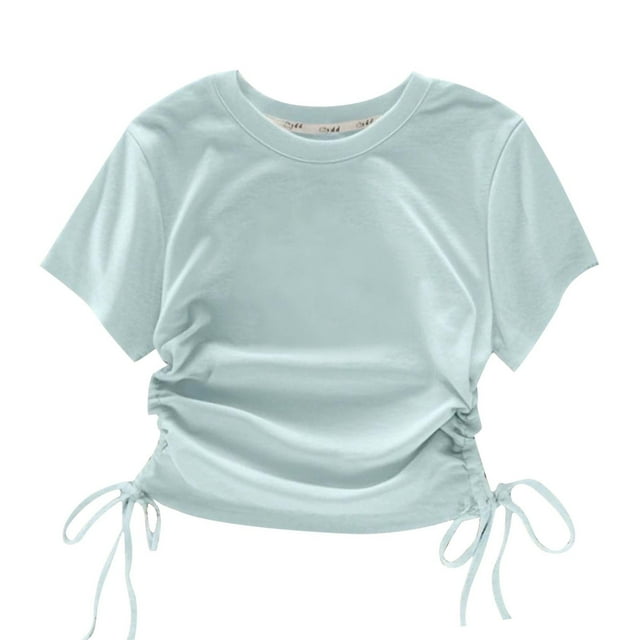Haut à Manches Courtes avec Cordon de Serrage à la Taille pour Filles, Tissu en Mélange de Coton, Longueur Régulière, Col Rond, Tenue Décontractée Printemps Été, Prêt pour Séance Photo