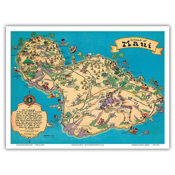 Island of Maui Hawaii - Vintage Pictorial Map by Ruth Taylor White c.1941 - Master Art Print (Unframed) 9in x 12in
