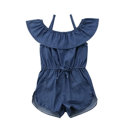 

Toddler Baby Girls Summer Romper Sleeveless Denim Jeans Ruffle Off Shoulder Shorts Jumpsuit