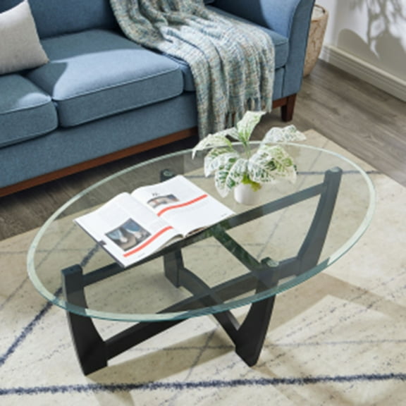 CQSXDA Black Round Coffee Table Featuring A 48 Inch Glass Top Perfect Center Table For Living Space And Offices