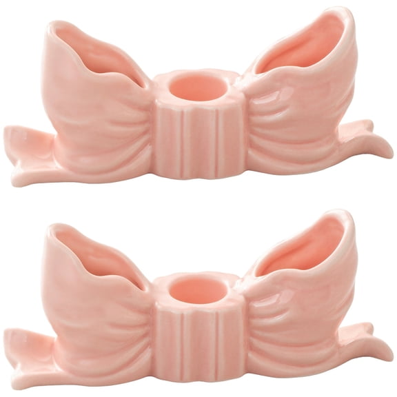 2 Pcs Pink Bow Candle Holders, Coquette Candle Holder Set, Ceramic Decorative Candle Stand, Taper Candlestick Holder, Romantic Aesthetic Home Decor, Versatile for Various Settings