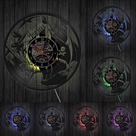 Pirates Ship Vinyl Record Wall Clock Home Decor Sea Ship Sailing Boat Wall Art Decorative Clock Watch Gift Mariner Captain With LED