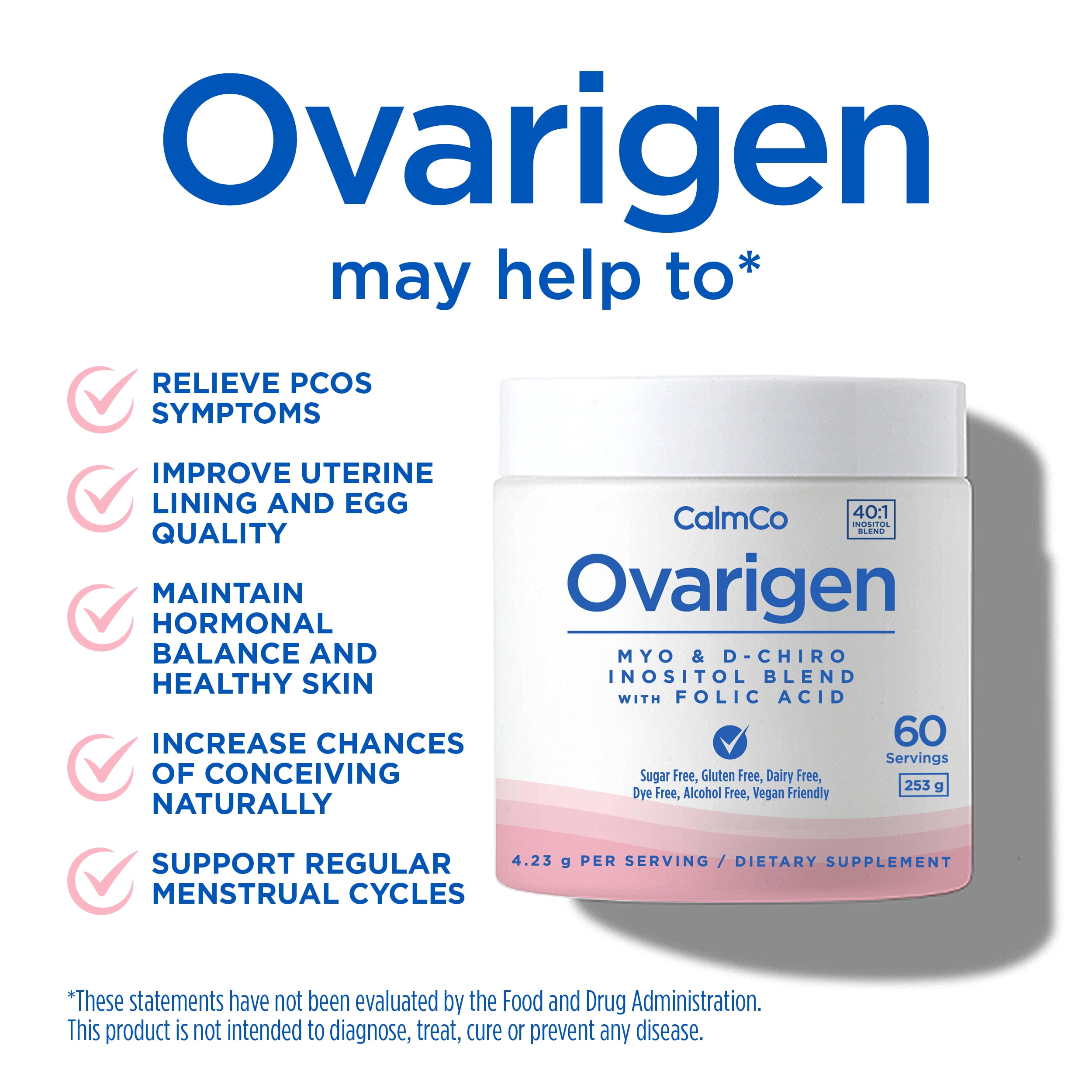 Ovarigen, Myo & D-Chiro Inositol Blend Powder, 40:1 Ratio with Folic Acid, May Help Manage PCOS Symptoms*, Support Hormone Balance and Skin, Natural Conception Aid, 60 Day Supply