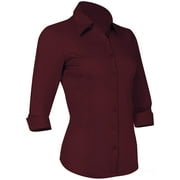 Pier 17 Button Down Shirts for Women 3 4 Sleeve Fitted Dress Shirt and Blouses Work Top (Large, New Burgundy)