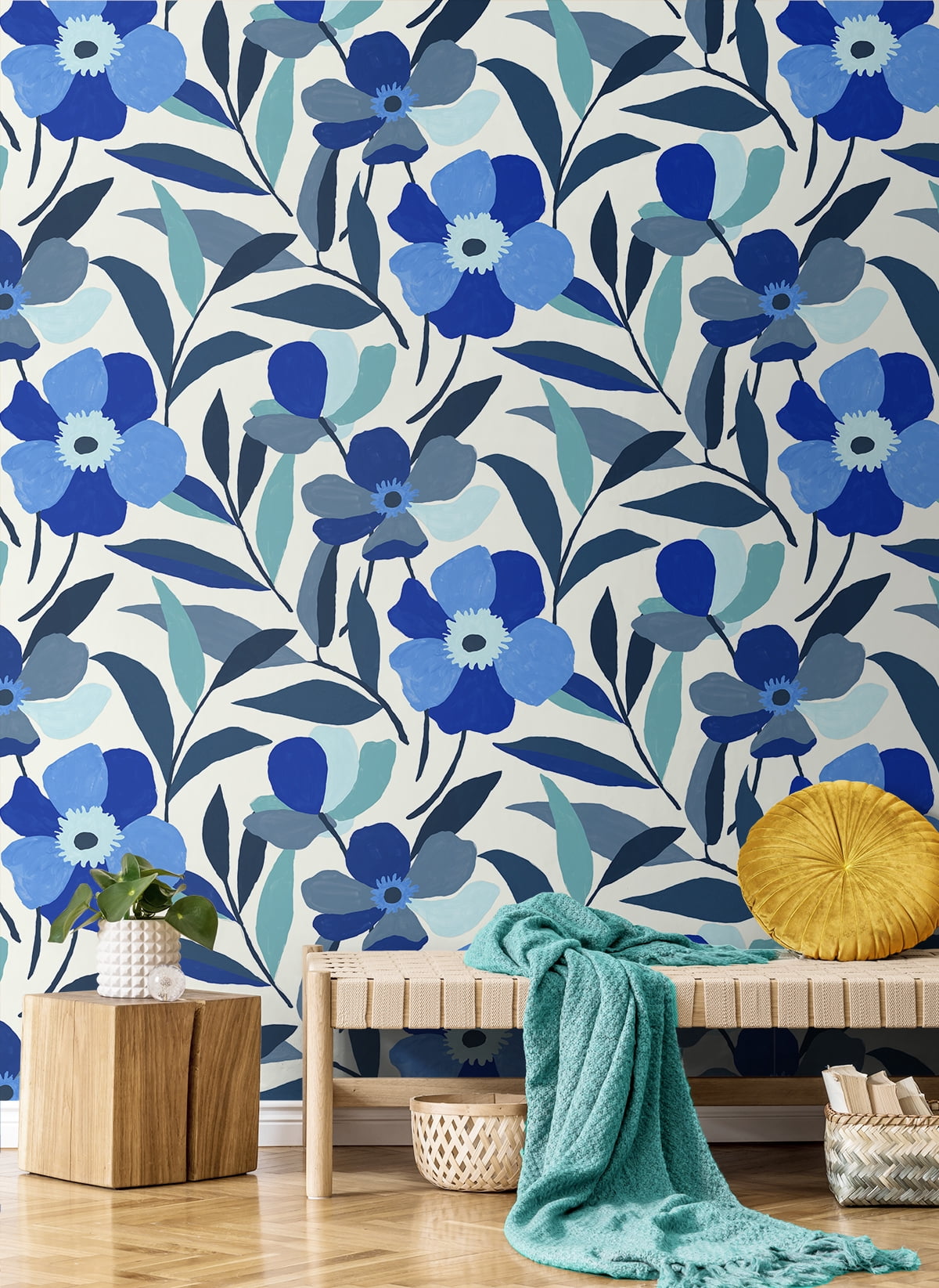 NextWall Cobalt Blue & Lagoon Garden Block Floral Peel and Stick Wallpaper